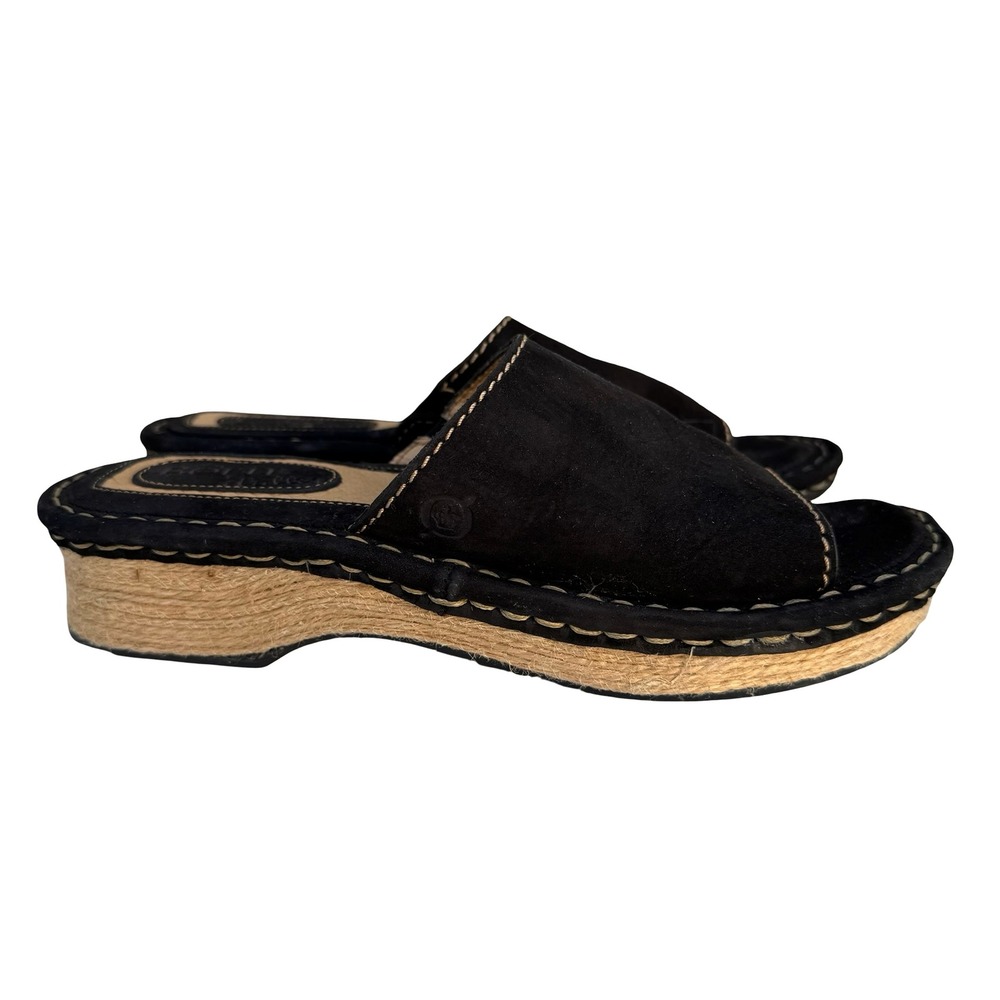 Born‎ Drilles Womens Black Suede Espadrille Slide Sandals Whipstitch Wedge Mules